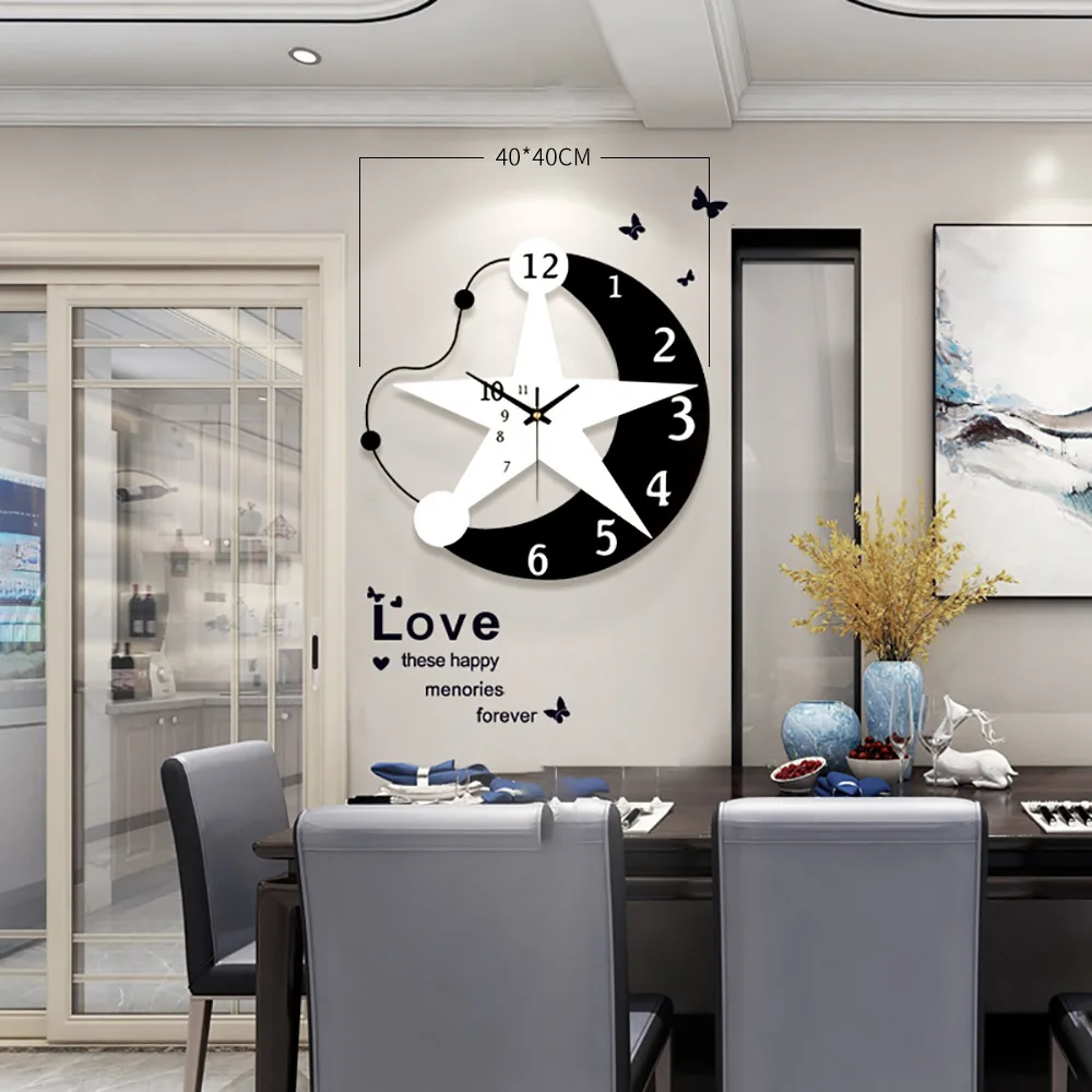 Iron Art Creative Living Room Decorative Silent Sweeping Wall Clock Black and White Five-Pointed Star High Density Dial Plate