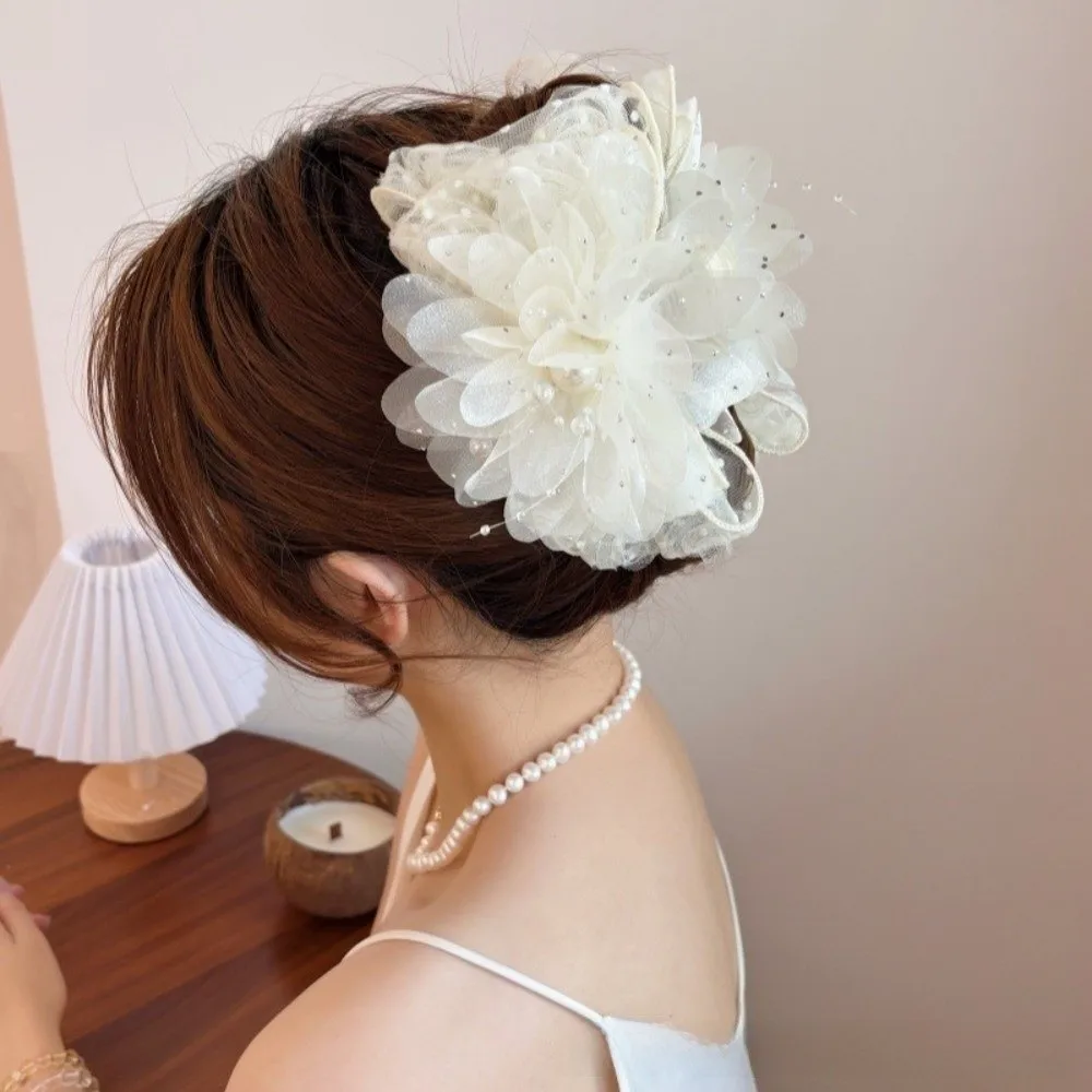 

Trendy Sweet Rose Flower Hair Claw Volumizing Elegant Beaded Tassel Jaw Clips Large Size Shark Clip Hair Accessories Women