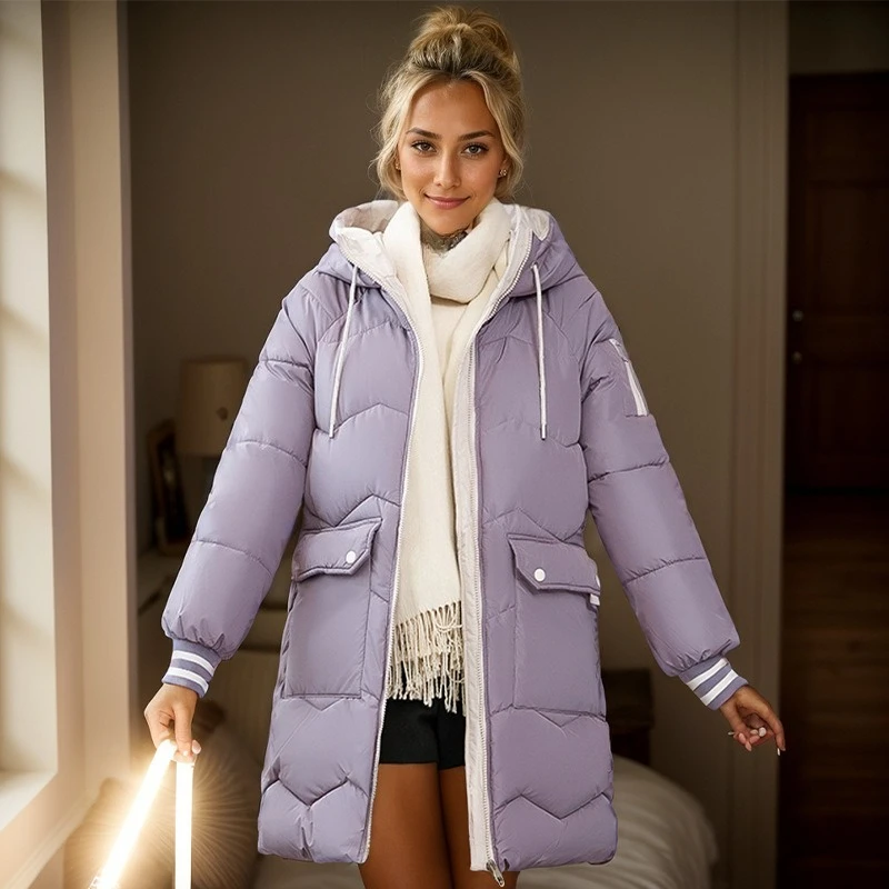 

European and American Fashion and Beautiful Winter Clothing Medium and Long Cotton-padded Clothes Hooded Loose Jacket