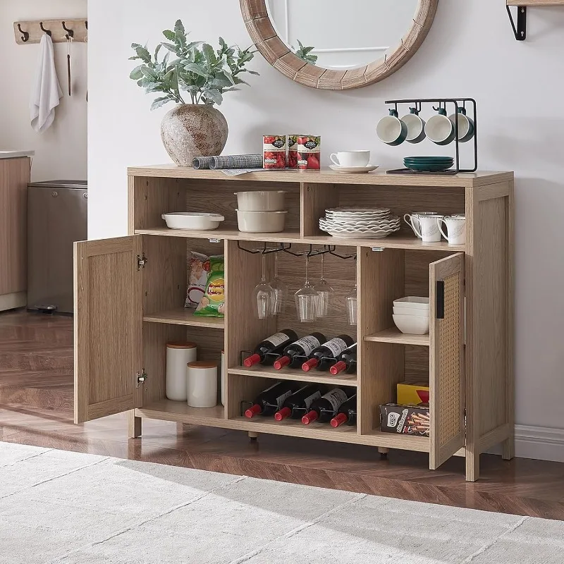 Coffee Bar Cabinet for Home - Rattan Sideboard Buffet Cabinet with Storage, Boho Liquor Cabinet with Glass Holder and Wine Racks