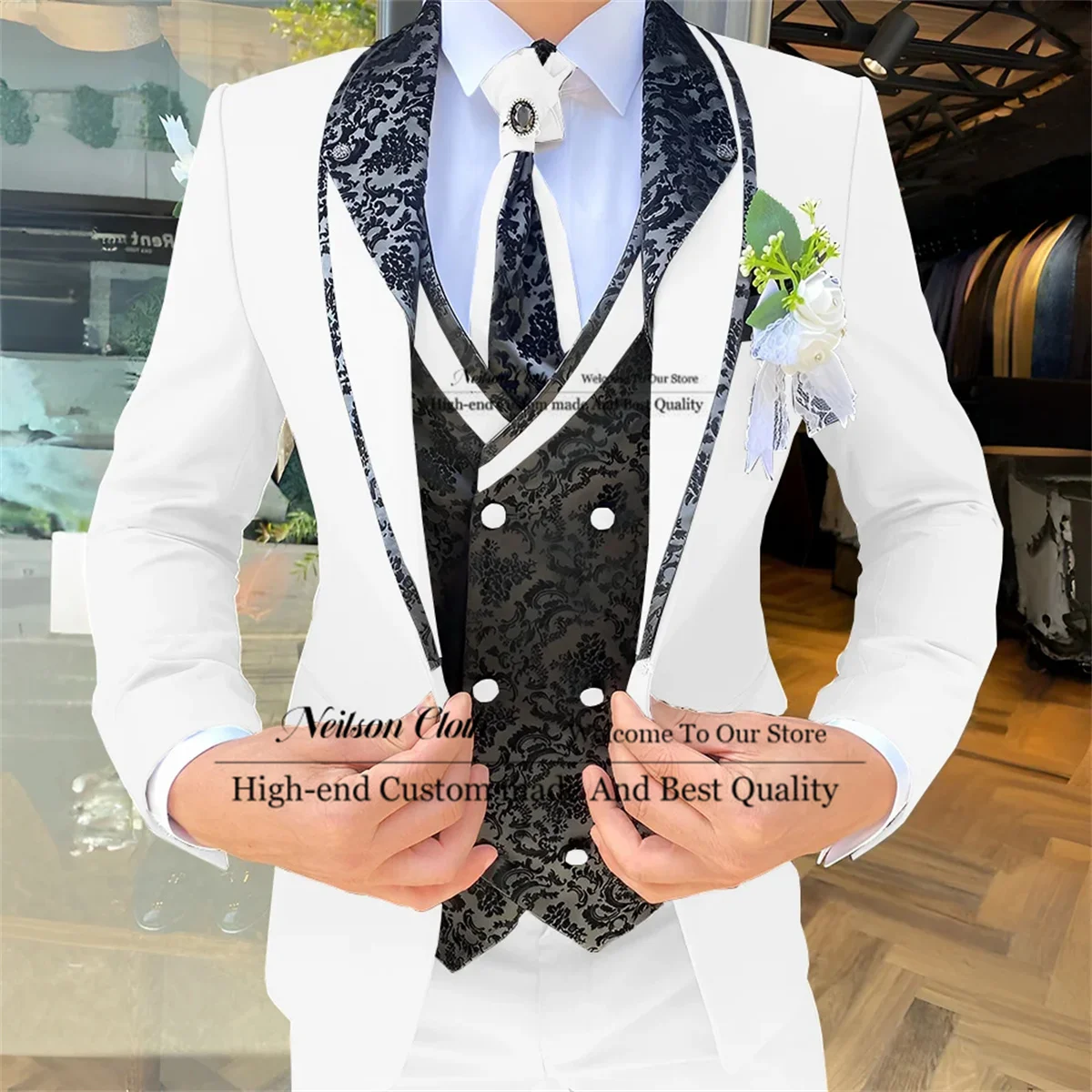 White Men Suits Shawl Lapel Groom Wedding Tuxedos 3 Pcs Sets Jacquard Vest Male Prom Blazers Slim Fit Groomsmen Terno Masculino