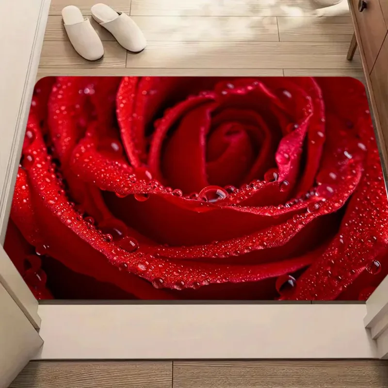 Romantische rote Rose Fußmatte, weicher, saugfähiger Haustürteppich, für drinnen und draußen, Willkommens-Fußmatte, Küche, Badezimmer, Eingangsbereich, Dekoration