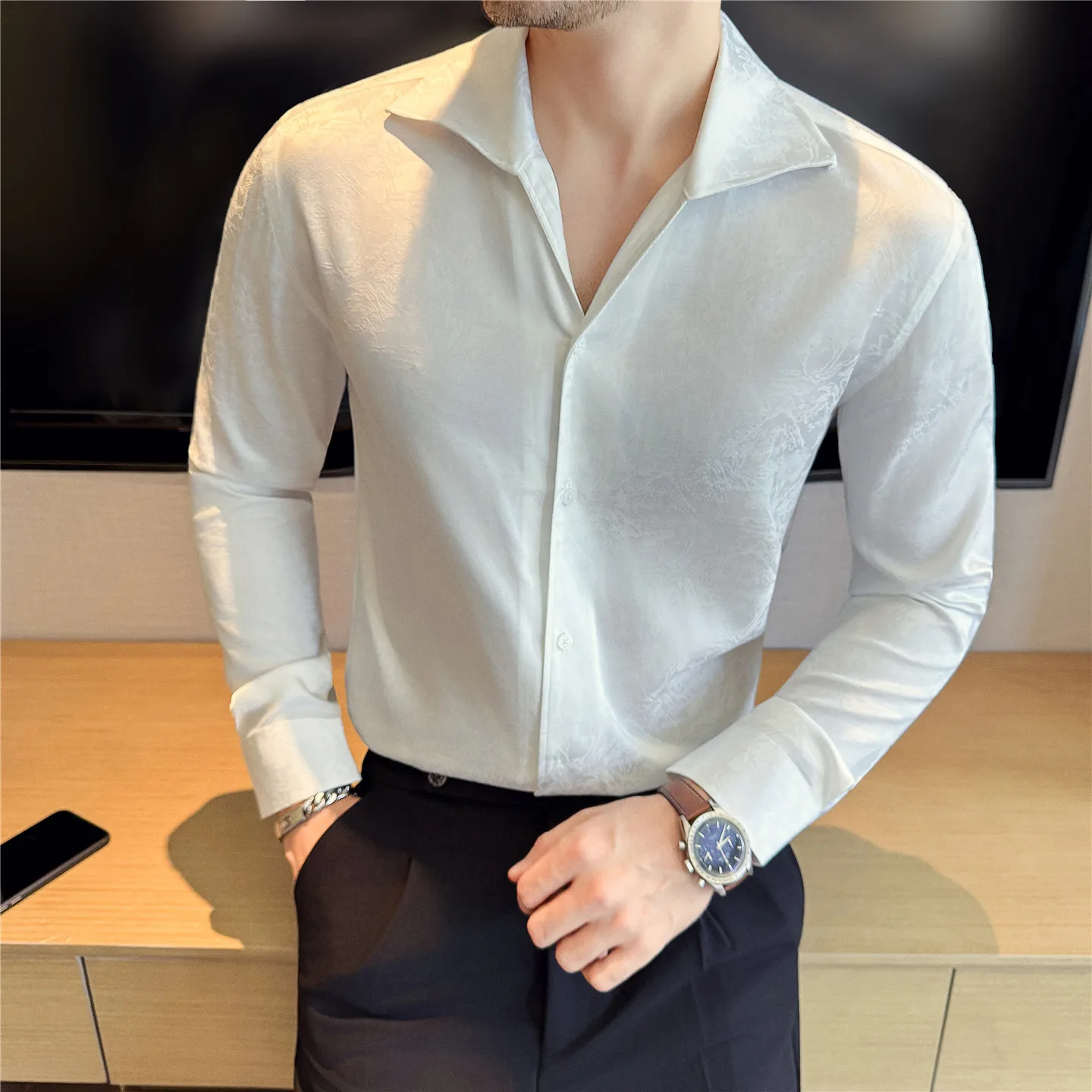2025 Autumn/Winter V-neck Men's 3D Jacquard Long Sleeve Shirt Fashion Casual Business Dress Shirts Social Party  Men's Clothing