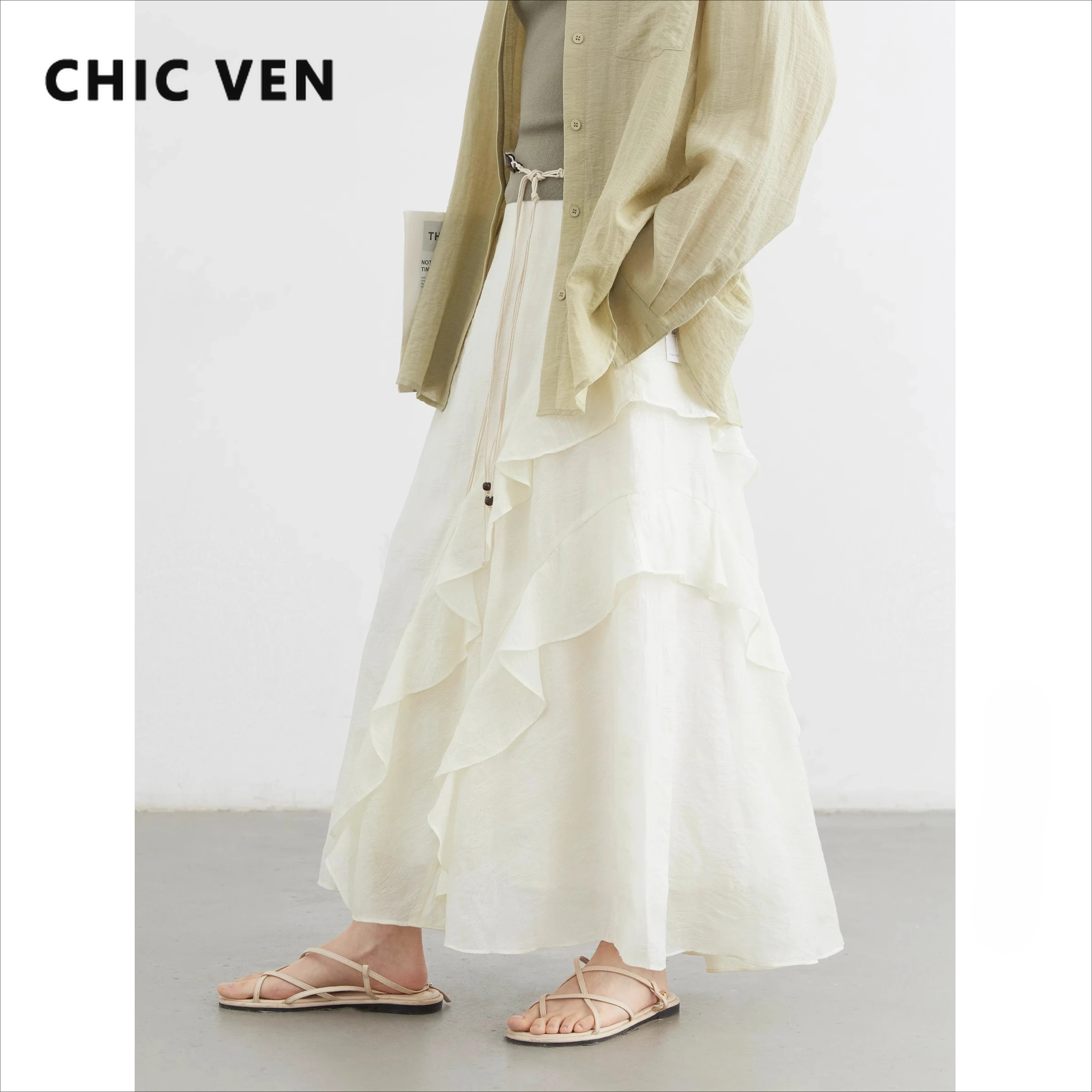 CHIC VEN Korean Women Skirts Solid Loose Casual New Design A-line Split Half Skirt Female Ruffle Edge Skirt Spring Summer 2025