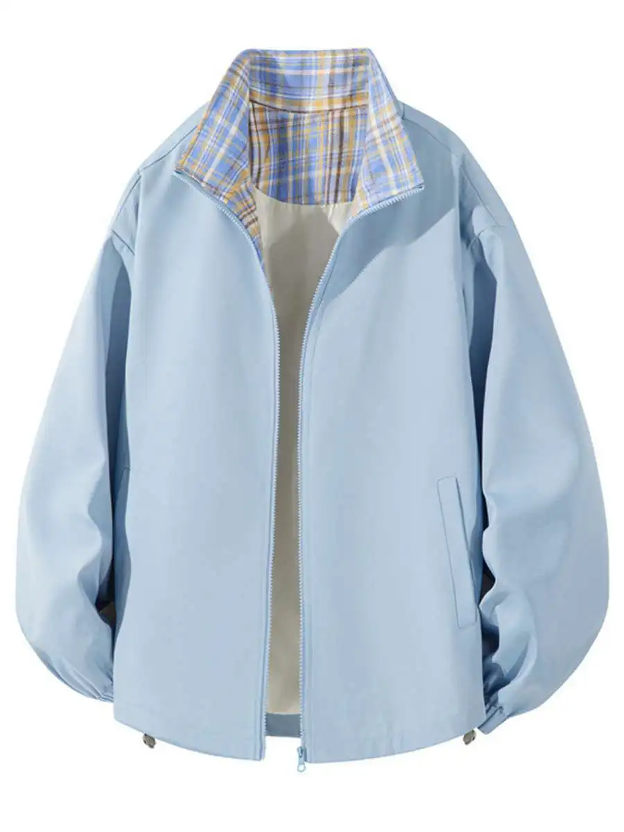 

Весенне-осенняя куртка с воротником-стойкой для мужчин, свободный крой, с клетчатыми вставками, молодежная верхняя одежда, повседневная, из тонкой ткани, материал PU