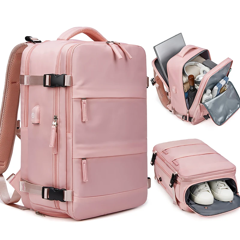 Pink Expandable Travel Backpack Women Carry on Hand Luggage Bag USB Port Laptop Backpack with Shoe Compartment