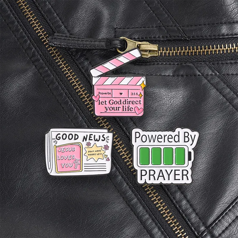 Good News Jesus Loves You Enamel Pin Pray More Worry Less Bible Verse Brooch for Christian Women and Youth Group Accessory