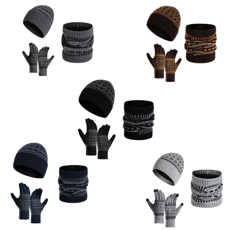 Nouveau 3 pièces Jacquard chapeau gants cou guêtre épais tricot chaud costume pour adulte