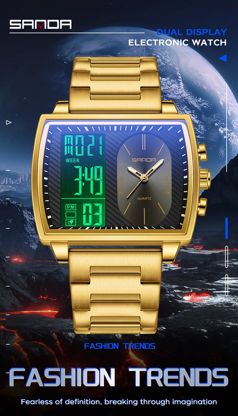 SANDA 6238 Мужские кварцевые часы Модный тренд Ремешок из нержавеющей стали Многофункциональные часы с двойным дисплеем
