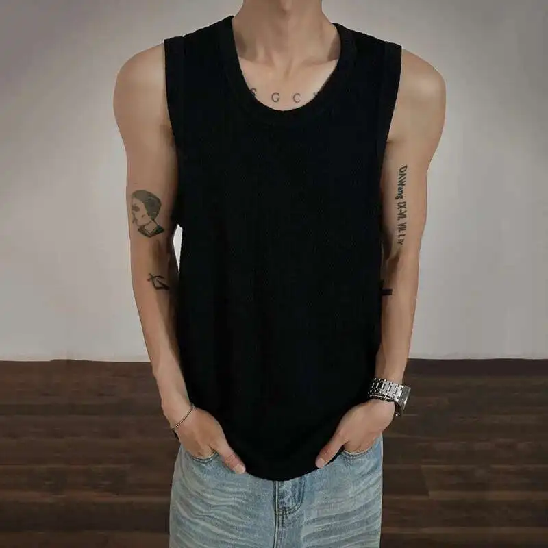 

Новые мужские простые топы на бретелях с круглым вырезом в жаккардовую полоску, летние повседневные однотонные мужские жилеты без рукавов, мужская одежда 0XXY