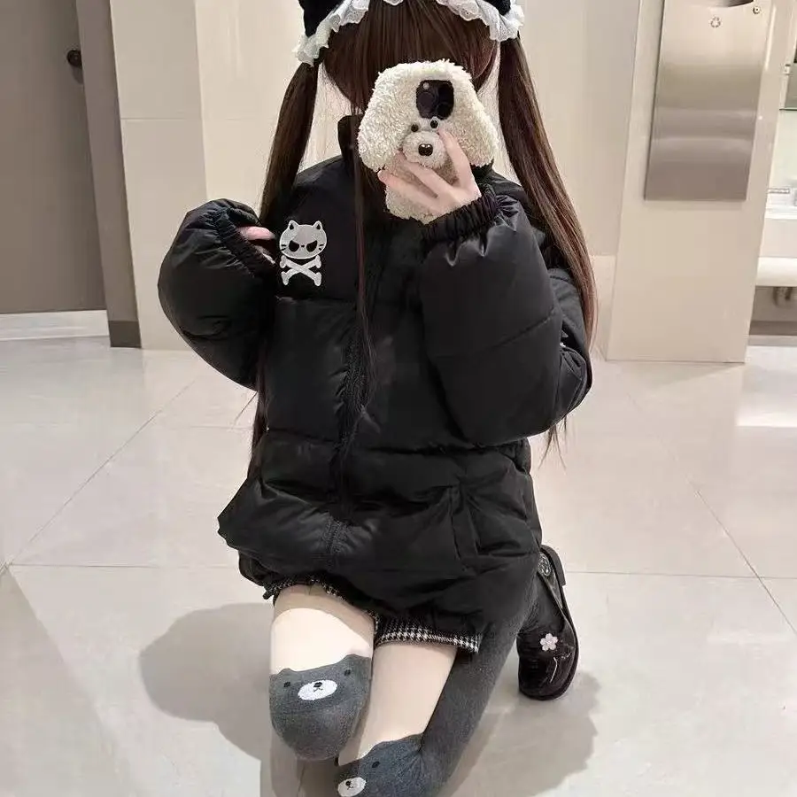 

Warm Thiened Cotton Jaet Stand Collar Bread Sle Winter Outerwear Y2K Subculture Cute Lazy Faion Women's Coat