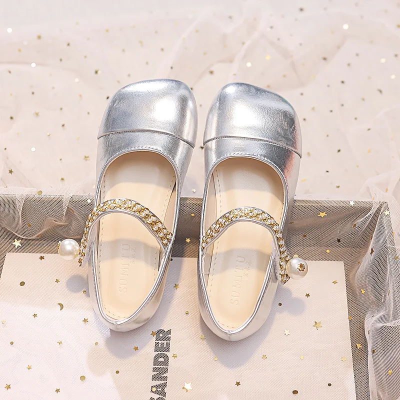 Kids Shoes for Girl Patchwork Glossy Fashion Causal Children Silver Leather Shoes Toddlers Shallow Pearl Flats Mary Jane Shoes