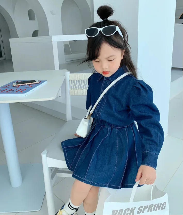 Girl Dress Suit 2022 New Spring Autumn Korean Fashion Style Sets Baby Girl Lapel Denim Shirt Solid Pleated Skirt Two Piece Suit