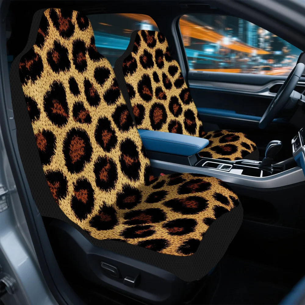 Set Of 2, Elegant Car Seat Covers With Leopard Print Theme – Complete Set For Two Front Seats, Universally Compatible, Sturdy De