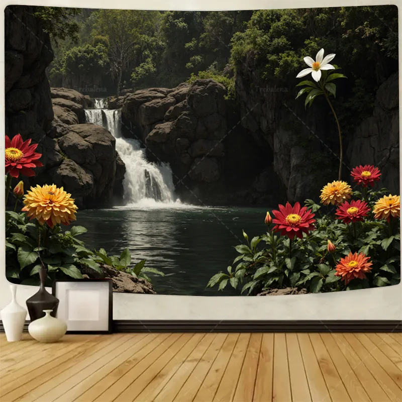1pc Wall Tapestry Waterfall Oasis with Vibrant Flowers Nature Scene Tapestry