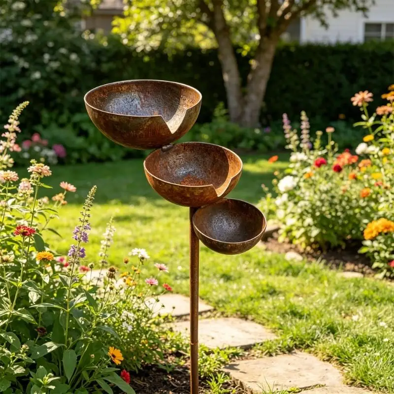 Vogeltränkeständer für den Außenbereich, Gartenwasserständer aus Metall mit drei Schüsseln, 31,5 Zoll verwitterter und Regennapf – Detail 5