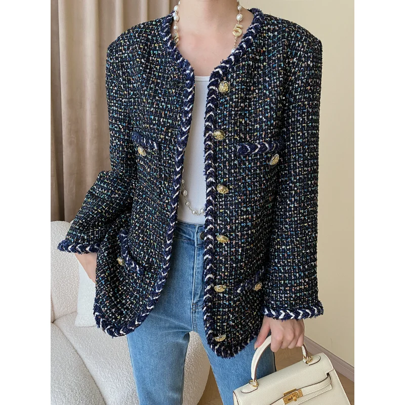 

Small Fragrance Autumn Winter Round Neck French Metal Buckle Long Sleeve Weaving Korea Elegant Simple Casual Tweed Women Coat