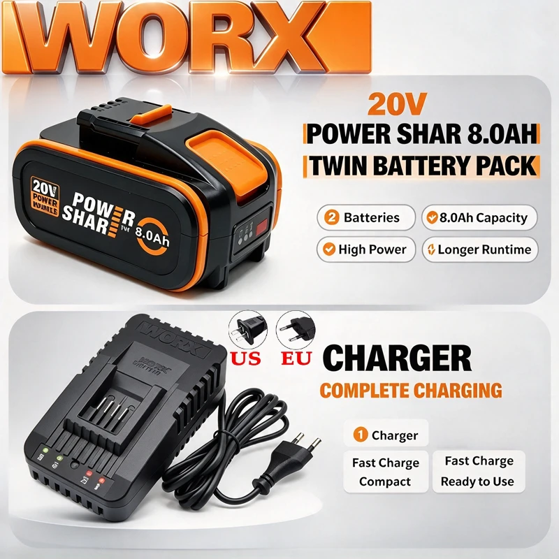 Genuine WORX 20V 8.0Ah Lithium ion Battery Compatible WG322 WA3551 For Leaf Blower, Lightweight For RV Camping Leaf Cleaning