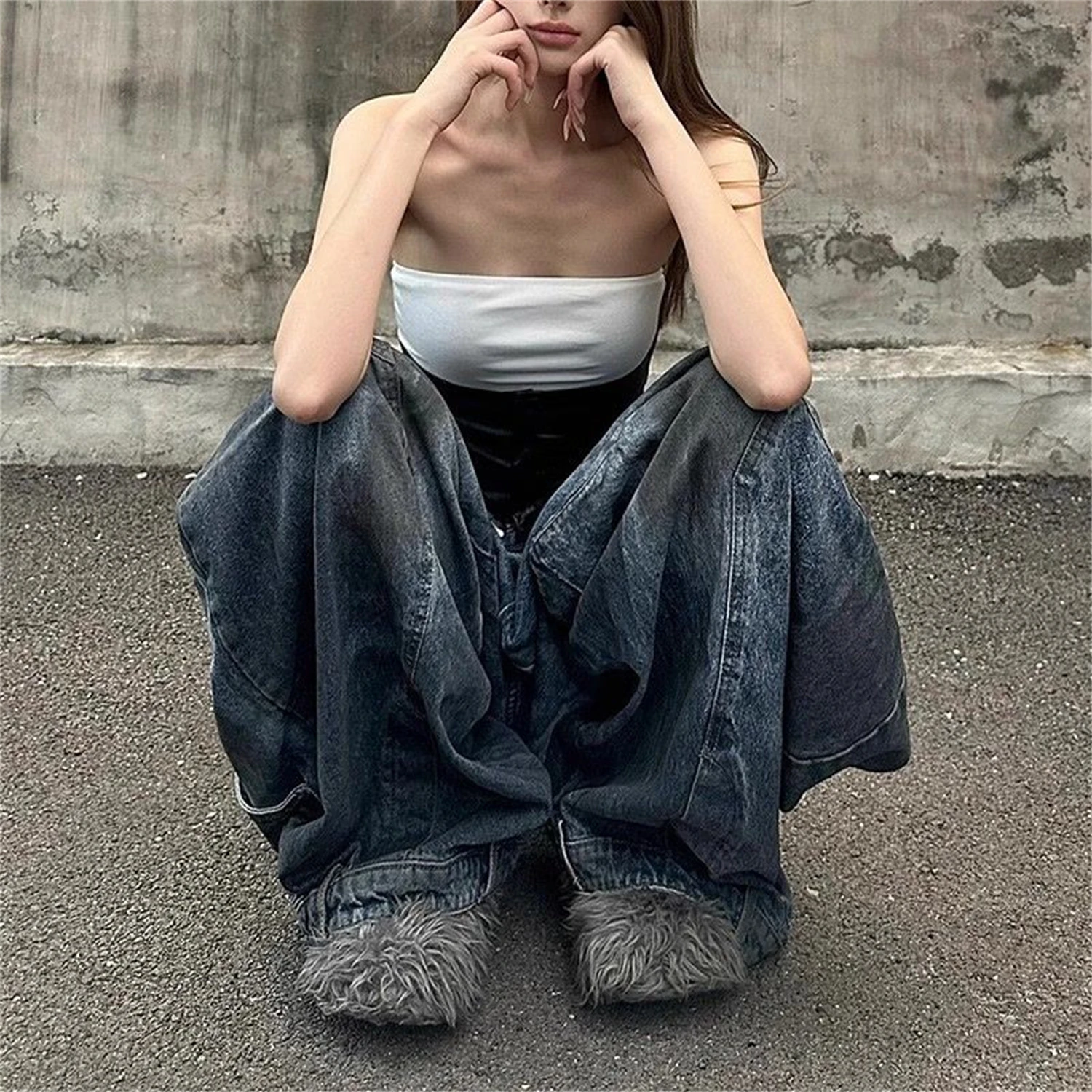Women's Baggy Jeans Vintage Washed Denim Pants Unique Asymmetric Cut Streetwear Y2K Fashion Loose Casual Wide Leg Trousers