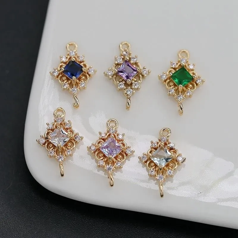 

4pcs 14K gold plated Zircon glass Rhombus Connect Charms Pendants DIY Necklace Earrings Jewelry Making Findings