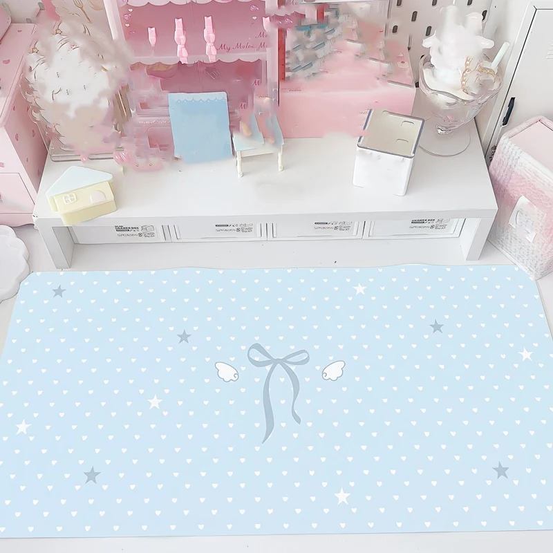 Leather PU Desk Pad Protector Blue Angel Wings Polka Dot Bow Mouse Pad Office Desk Mat Waterproof Non-Slip PU Desk Blotter Pad