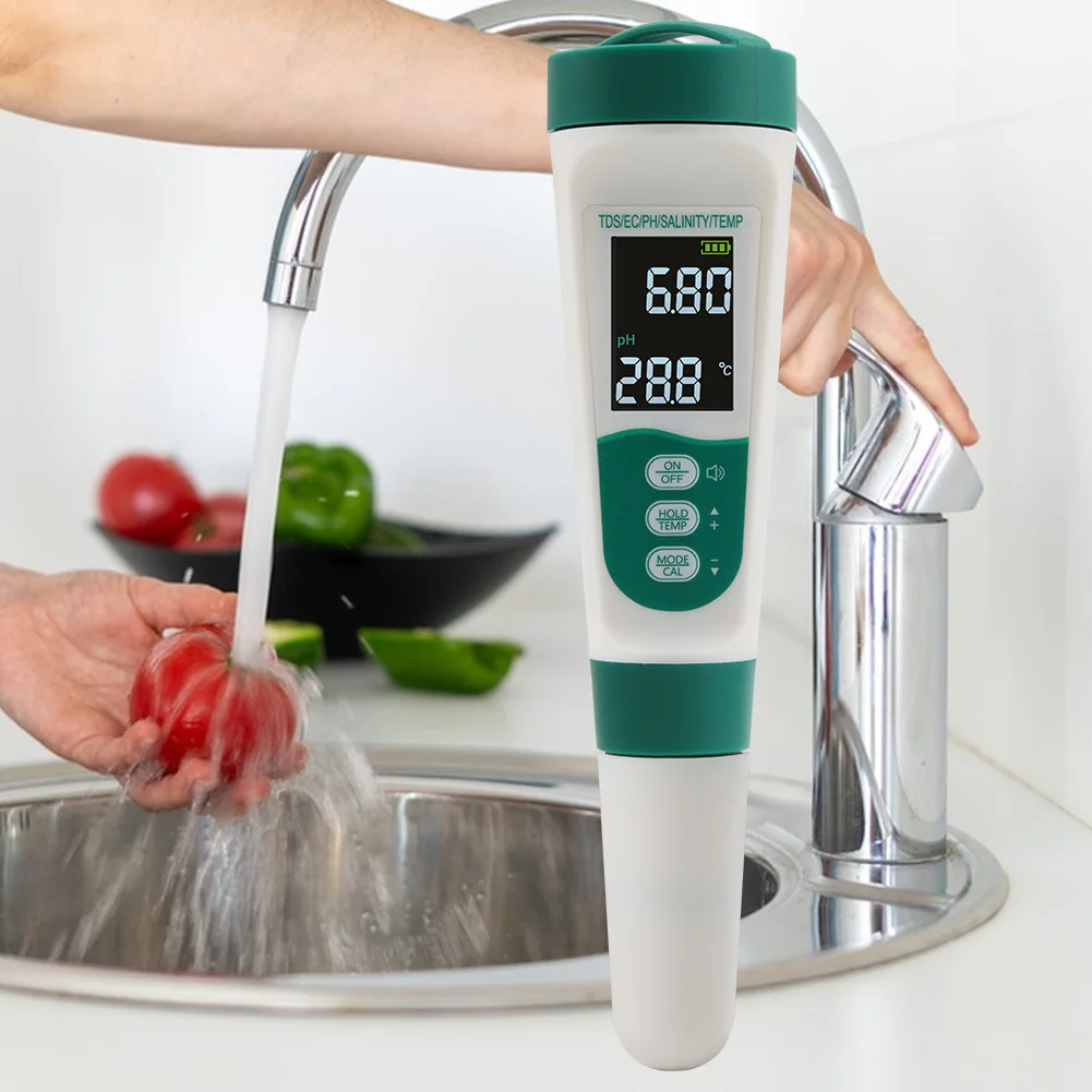 5 IN 1 Voice PH Meter Digital LCD Water Quality Tester PH/EC/TDS/SALT/TEMP Monitor Tester for Aquarium Swimming Pool