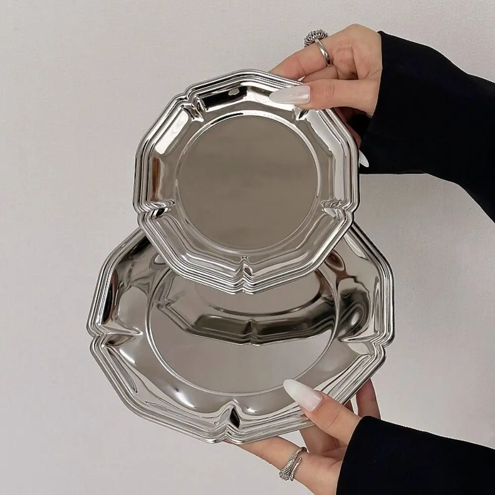 Modern Style Mirror Finish Stainless Steel Serving Tray Silver Round Decorative Tray Brushed Back Snack Dish Dessert Serving
