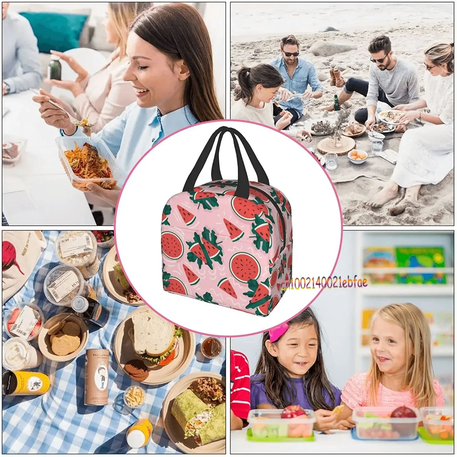 Cute Watermelon Lunch Bag Travel Work Picnic Bento Box Cooler Reusable Canvas Tote Boxes for Women Kids Insulated Lunch Bags