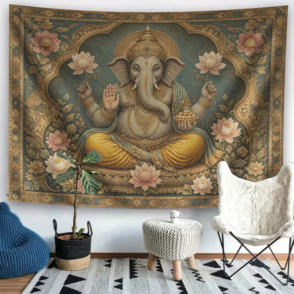 Ganesha Tapestry, Vintage Elephant God with Lotus Flowers, Hindu Religious Spiritual Wall Hanging for Bedroom Dorm Home Decor