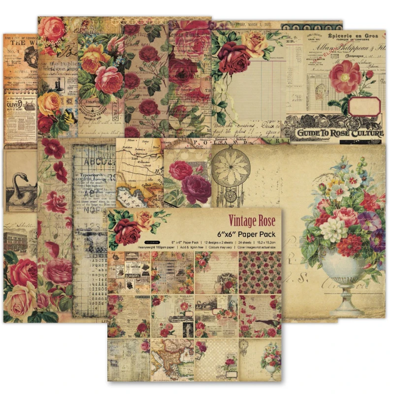 Scrapbook Pad Assorted Pattern decoupage Cardstock Paper Single-Sided Vintage Scrapbooking DIY Decorative Junk Journaling 24pcs