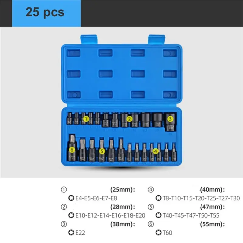 AB34-Professional Grade Tool 25 Piece-Torx Bit And Socket Set Featuring 13 Star-Bits(T8-T60) And 12 E-Torx Sockets(E4-E22)
