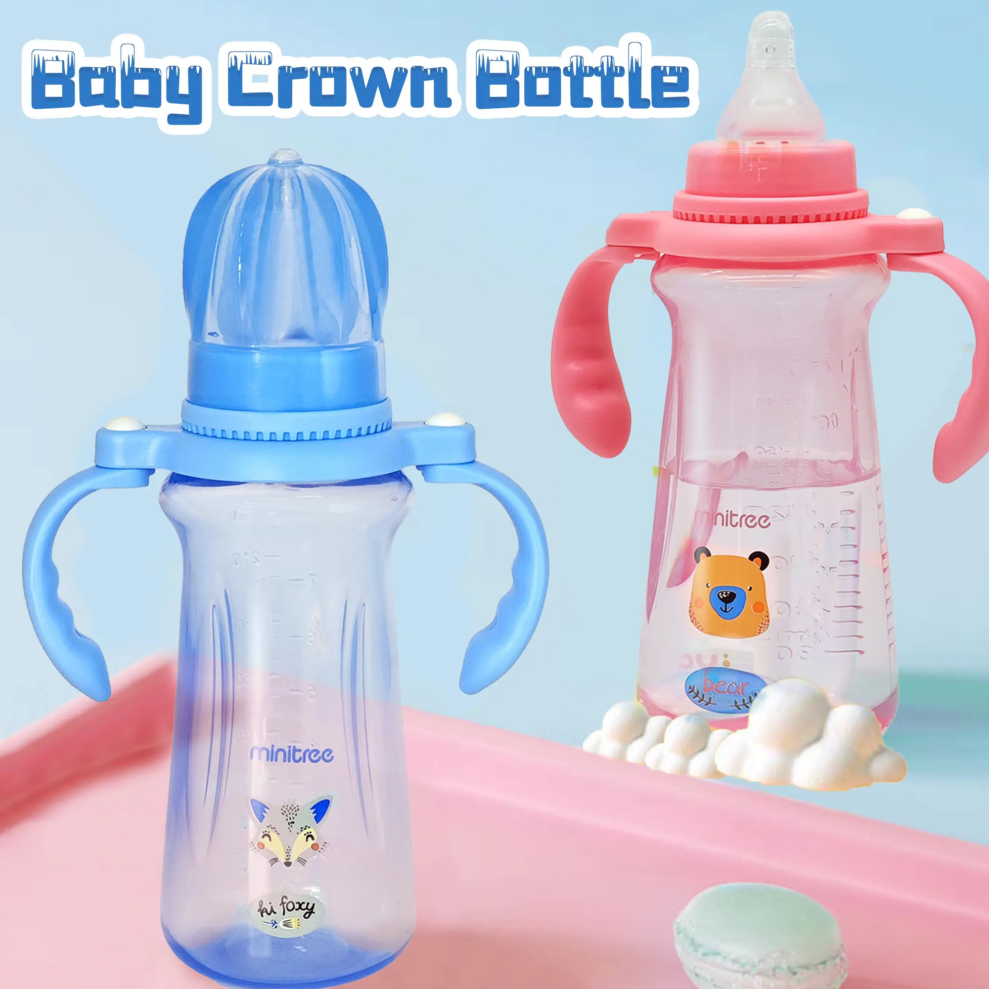 

Crown bottle cap Crystal clear Unique design Premium bottle 6-36 months baby PP bottle Lightweight and drop resistant