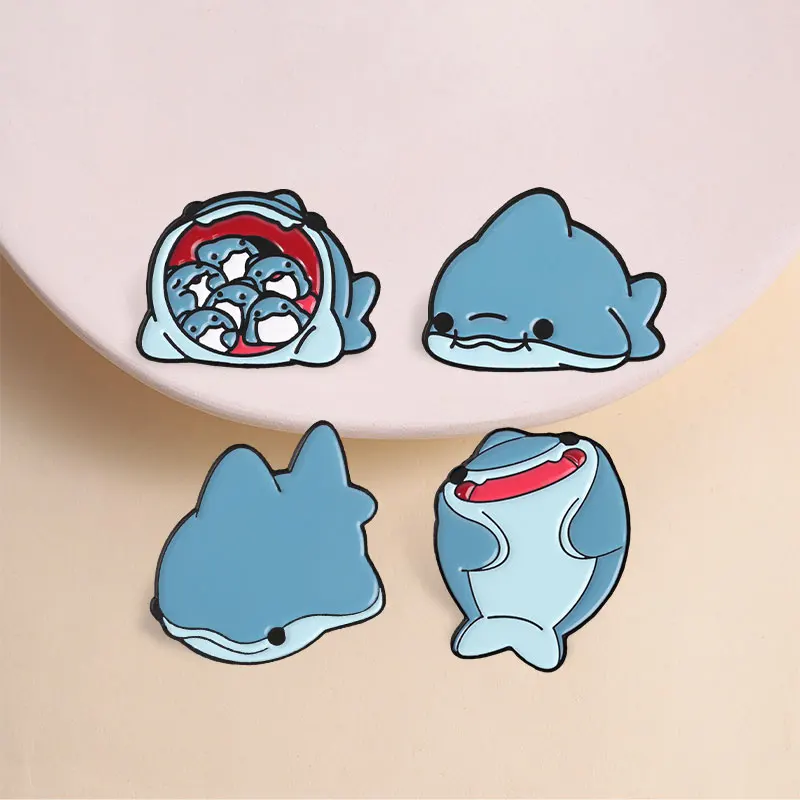 Cute Shark Enamel Pins Cartoon Marine Animal Funny Big Shark Full of Baby Sharks Brooches Lapel Badge Fashion Jewelry Gifts