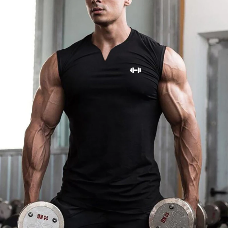 Summer Cotton Breathable V-neck Singlets Gym Bodybuilding Sport Tank Tops Mens Fitness T-Shirts Workout Muscle Sleeveless Vests
