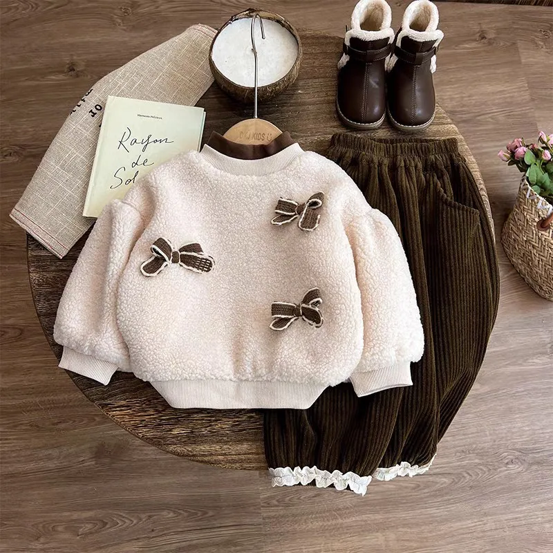 2026 Autumn Winter Thick Warm Clothes Sets Baby Girls Bow Lambswool Sweatshirt+Corduroy Pants 2Pcs Children Sweet Casual Outfits