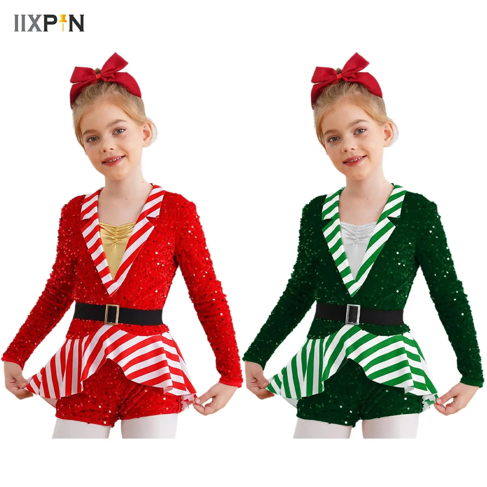 

Girl Christmas Outfit Lapel Collar Long Sleeve Boycut Bodysuit Sequins Stripes Dress Christmas Party Candy Cane Cospaly Costume