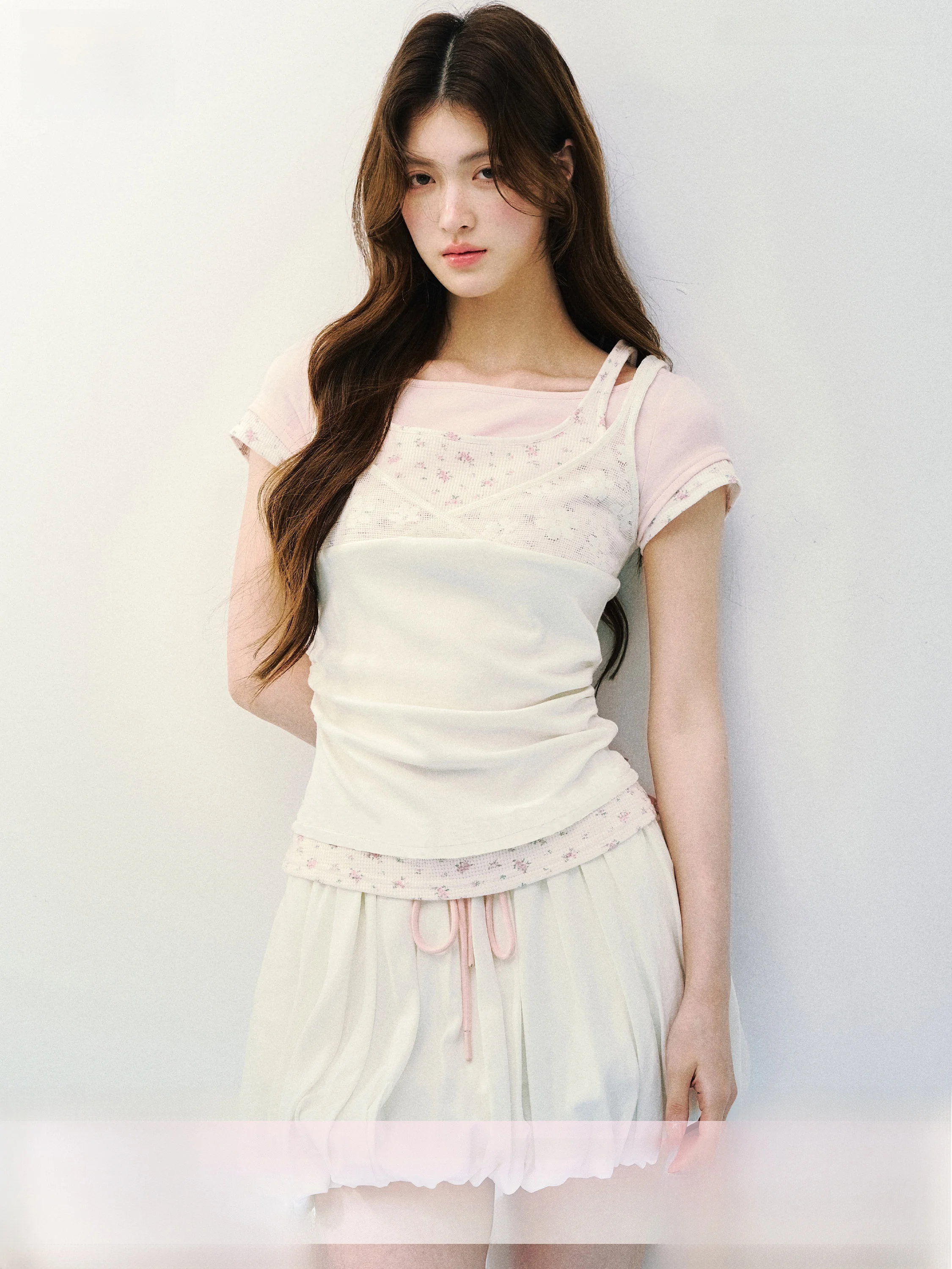 SunsetPark Girl's Style Lace Trim Knitted Short Sleeve T-Shirt Mock Three-Piece Strap Vest Head over Shirt Breathable Summer Top