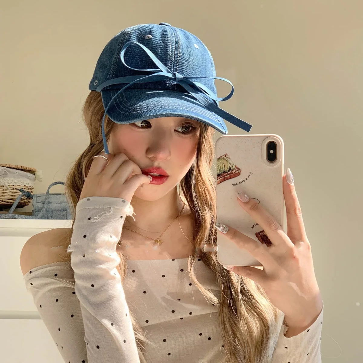 Korean Wind Bow Embroidered Baseball Hat Spring and Summer Sweet Japanese Cap Washed Denim Sun Baseball Hat