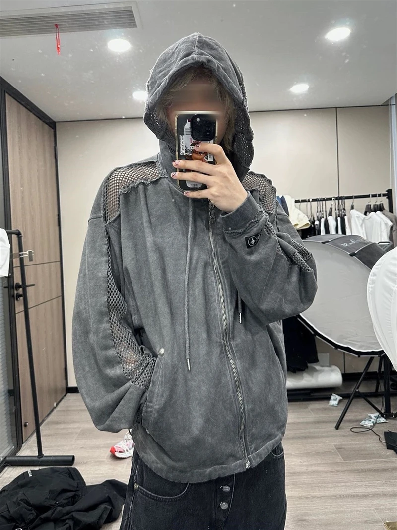 New Thug Club Hollowed Out Spliced Zipper Cardigan High Street Washed Vintage Korean style Loose Casual Hooded Cotton Sweatshirt