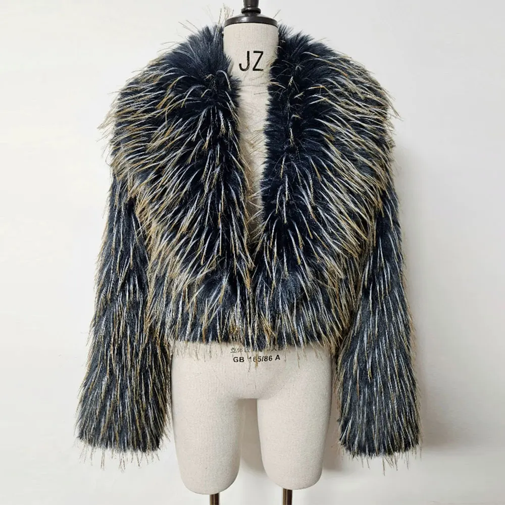 Luxury Brand Runway Fashion Yellow Gradient Cropped Fluffy Fur Jacket Coat Women 2025 Winter Chic Thicken Faux Fox Fur Outerwear