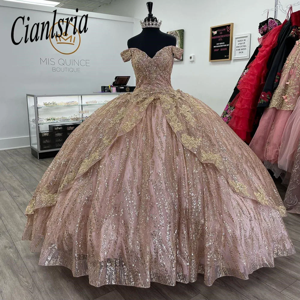 

Платья Quinceanera 2024, бальное платье принцессы, милая, с открытыми плечами, аппликации, 3D цветы, пышное вечерние, сладкий 15