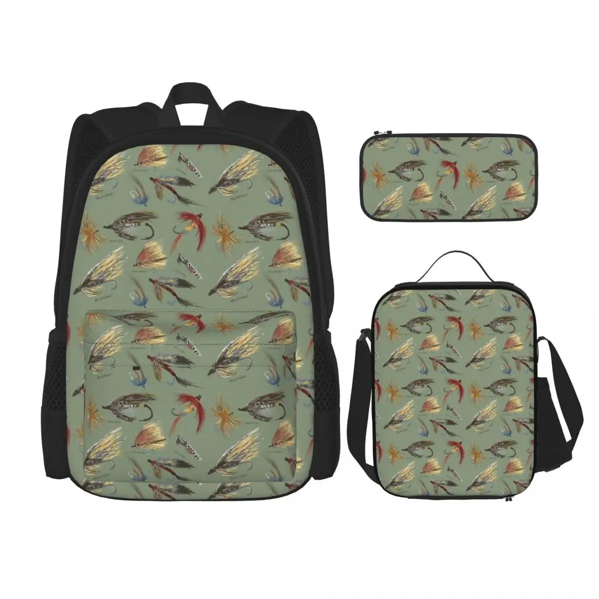 Fly Fishing With Hand Tied Flies! Backpacks Boys Girls Bookbag School Bags Rucksack Lunch Bag Pen Bag Three-Piece Set