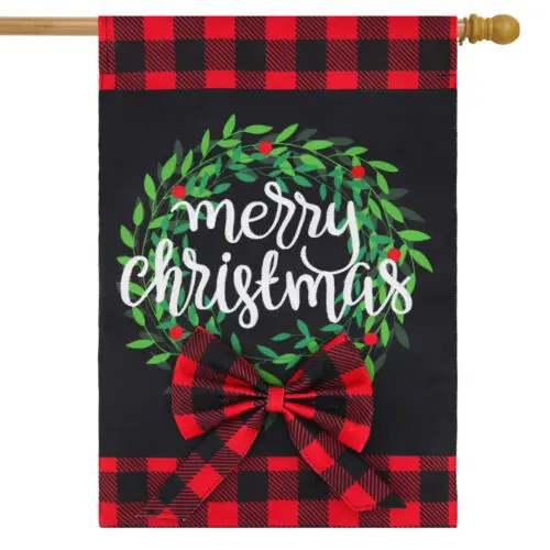 Christmas Wreath Burlap House Flag Checkered Plaid 28