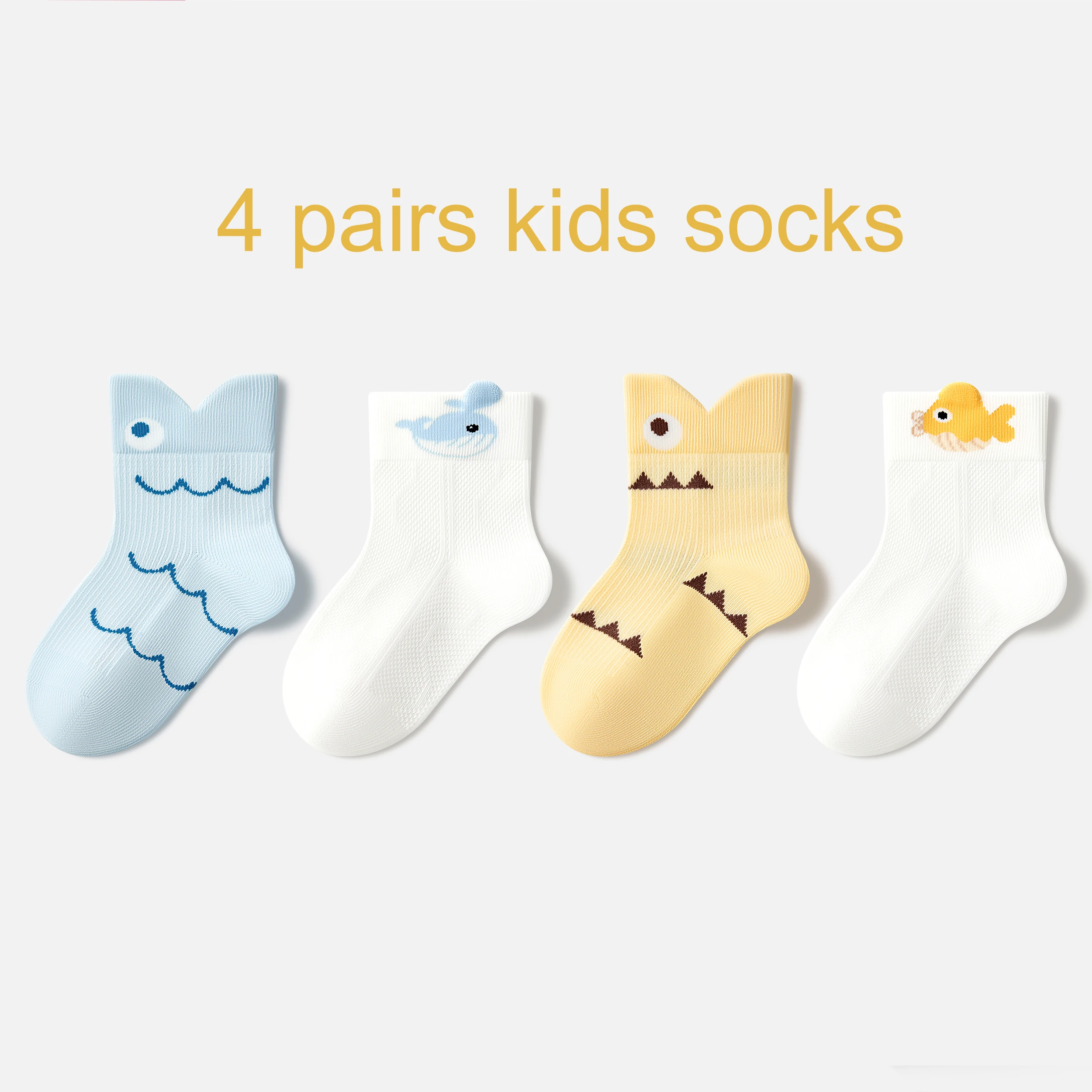 Beibi 4-Pair Spring and Summer Thin Mid-Calf Socks, with Small Whale Cartoon Animal Print, Suitable for Ages 0-6