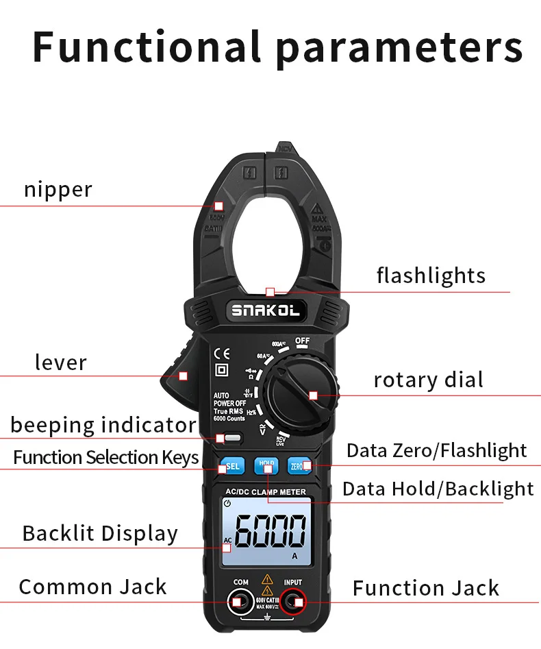 SNAKOL AC DC Stromzangenmessgerät 600 A Digitales Amperemeter Zangen True RMS Multimeter Professionelles elektrisches Multitester-Werkzeug – Detail 8