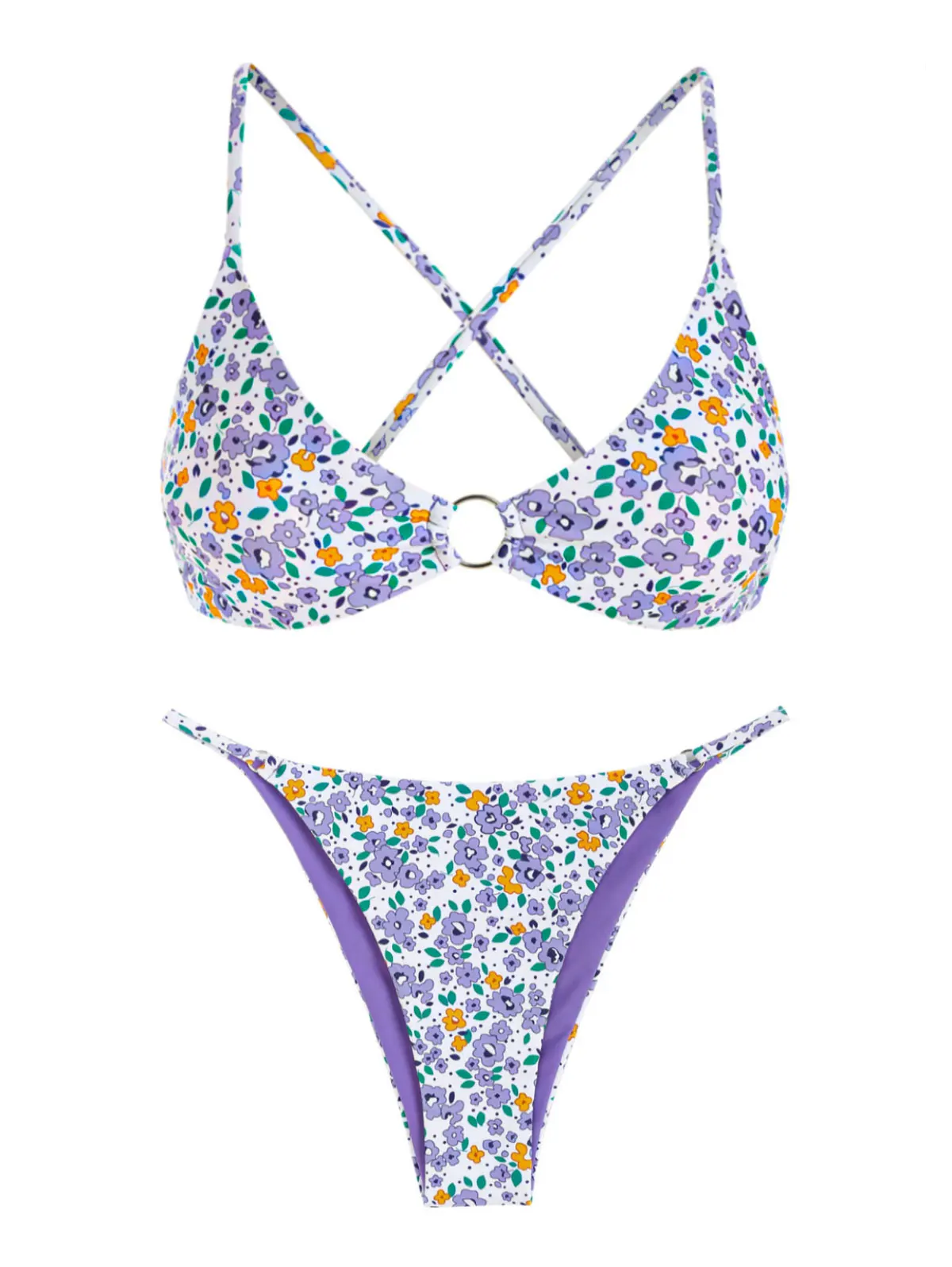 ZAFUL Damskie stroje kąpielowe Ditsy Floral Print O Ring Criss Cross Bikini Stroje kąpielowe