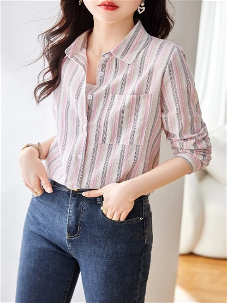 

Elegant Ladies Blouse Vertical Stripe Women Shirts Long Sleeve Shirt For Women Simple Shirt Basic Cardigan Blous Female Shirts