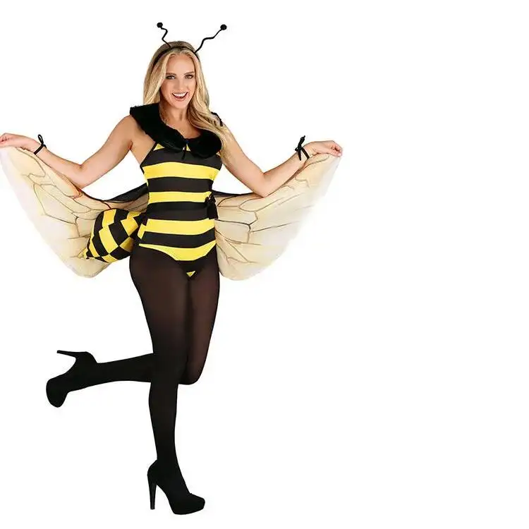 

Stripe Cosplay Yellow Bumble Bee Bee Jumpsuit Halloween insect Costume For Adult Women Carnival Party Fancy Dress with Wings