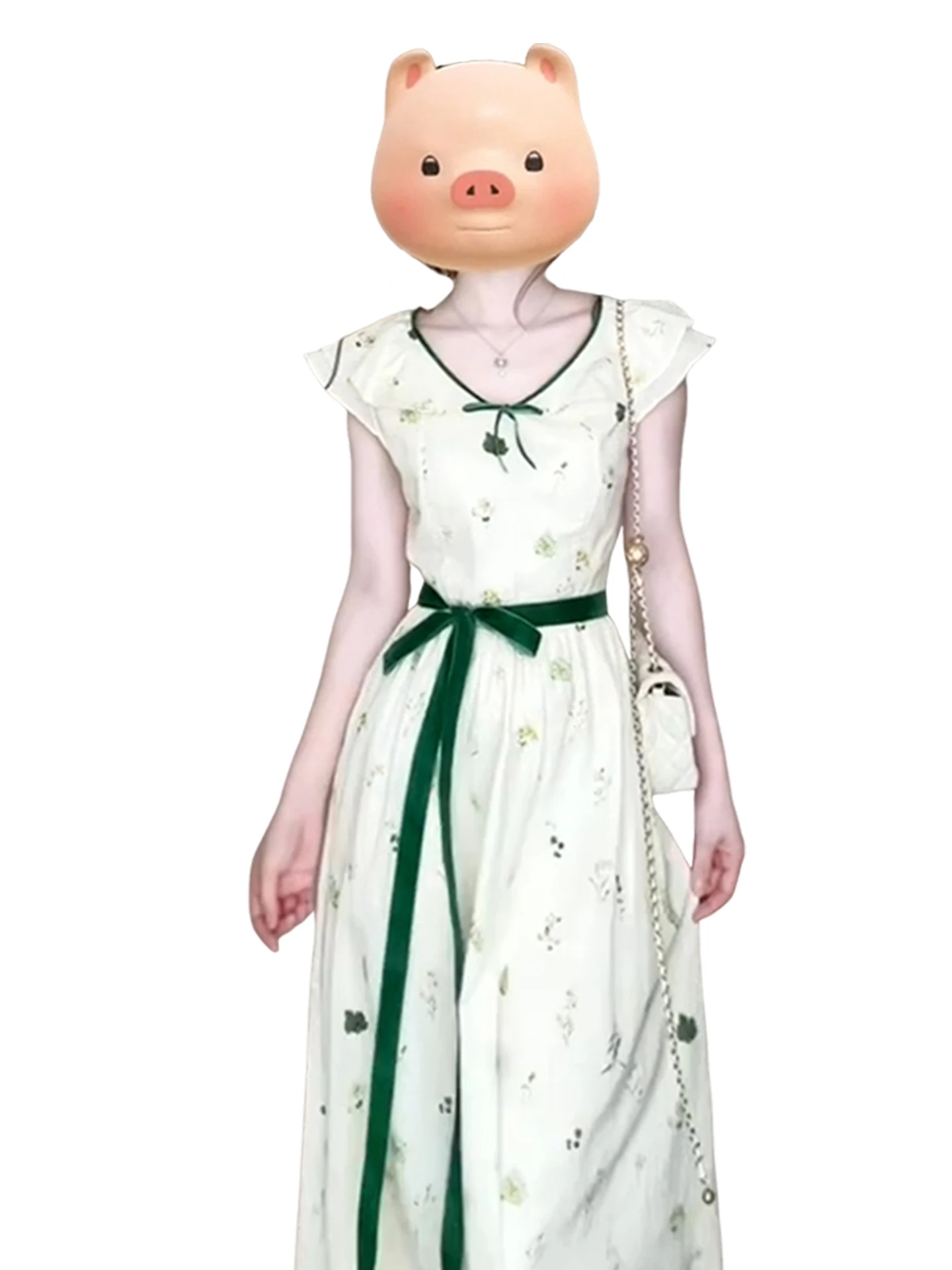 الرجعية الأبيض الأزهار الدكتور المرأة الصيف تصميم لطيف الخصر Cinching طويل الدكتور ألف خط تنورة V-Ne ort Sve عالية الخصر