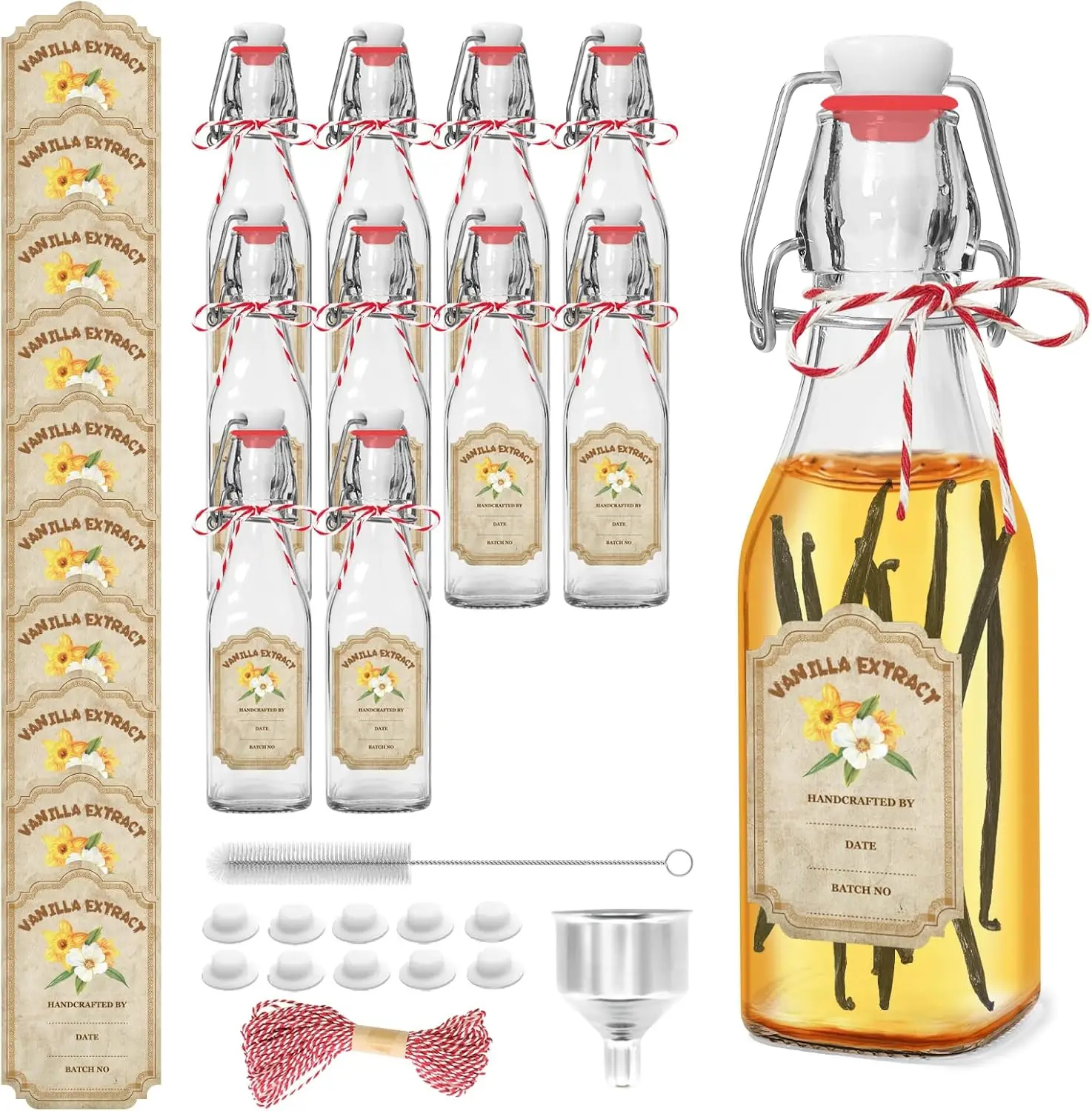 

Набор из 10 стеклянных бутылок для ванильного экстракта с откидной крышкой, 8 унций, с этикетками для ванильного экстракта и воронкой, стеклянные бутылки Boston для S